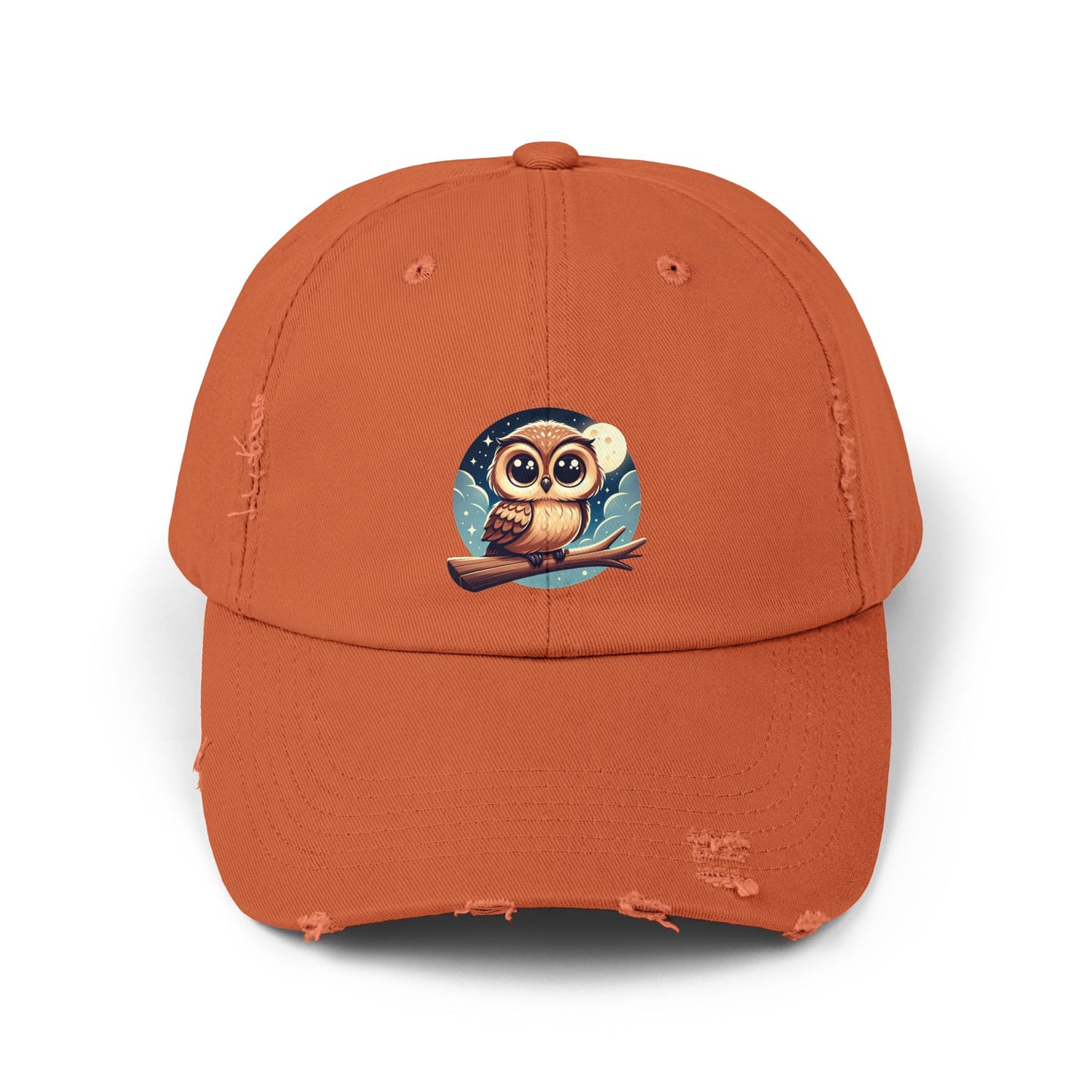 Whimsical Owl Distressed Cap, Unisex Cap, Nature Lover Gift, Cute Owl Hat, Vintage Style Cap, Outdoor Accessory
