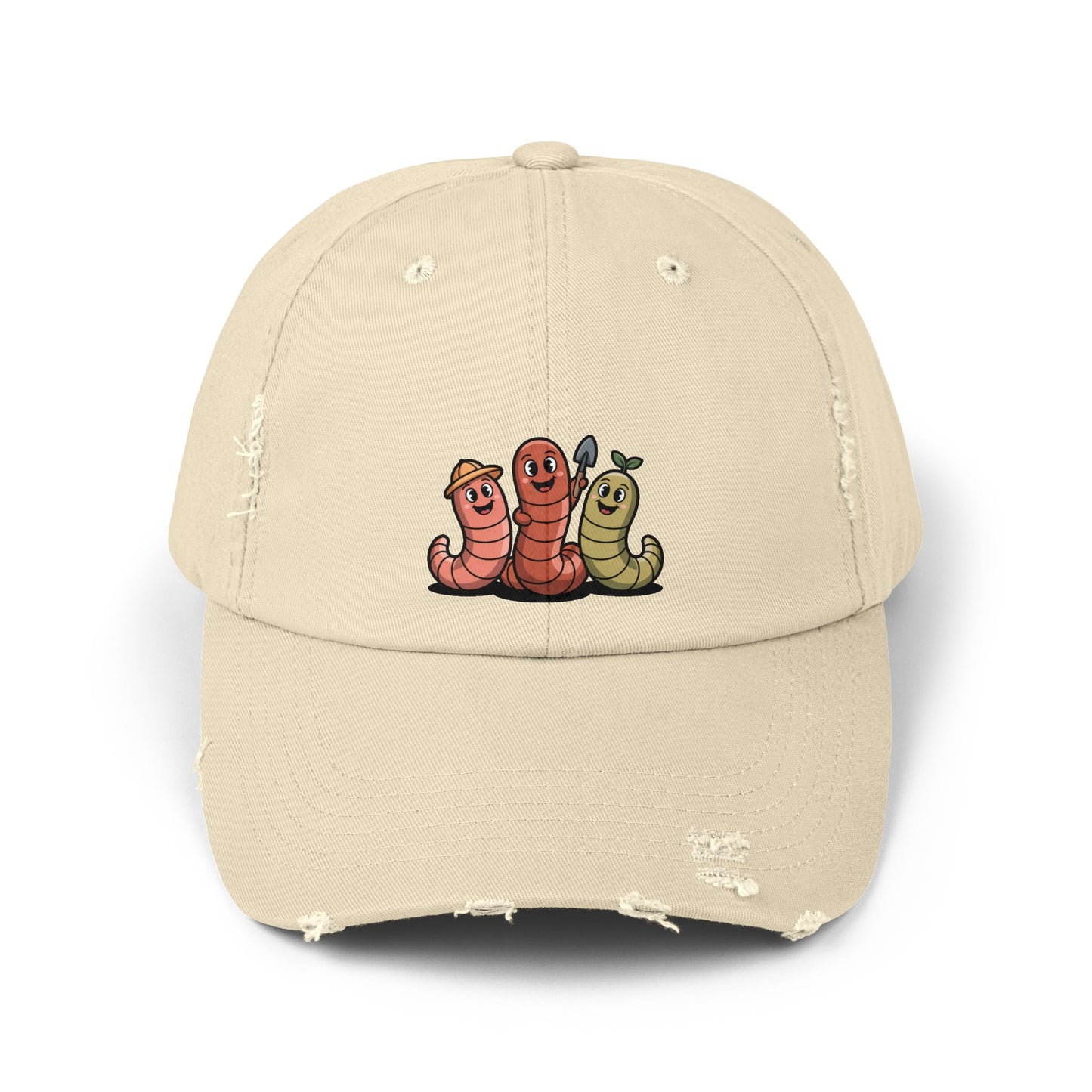 Whimsical Distressed Cap Featuring Cute Worms, Relaxed Fit Cap for Gardeners, Casual Wear, Gift for Nature Lovers, Summer Accessory