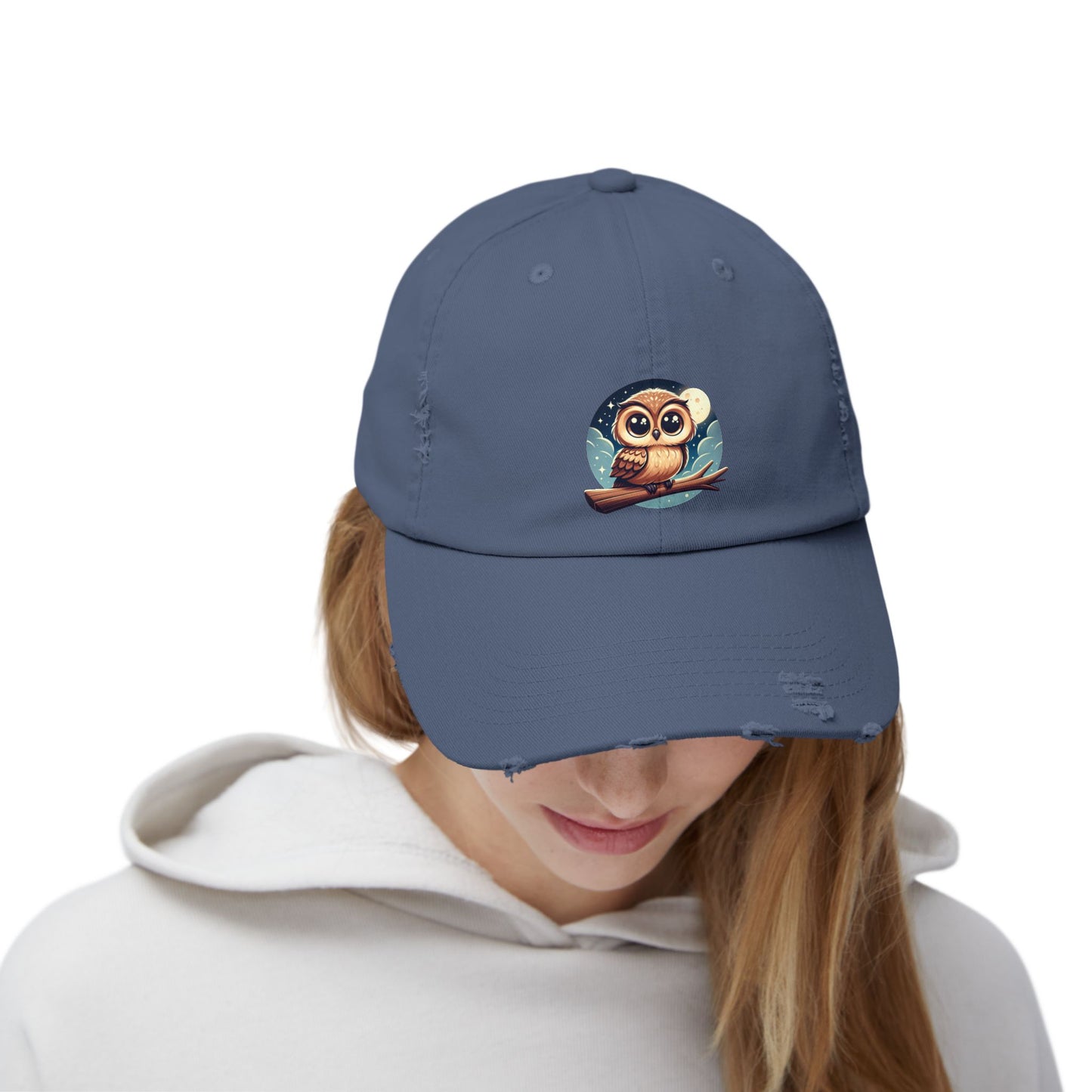 Whimsical Owl Distressed Cap, Unisex Cap, Nature Lover Gift, Cute Owl Hat, Vintage Style Cap, Outdoor Accessory