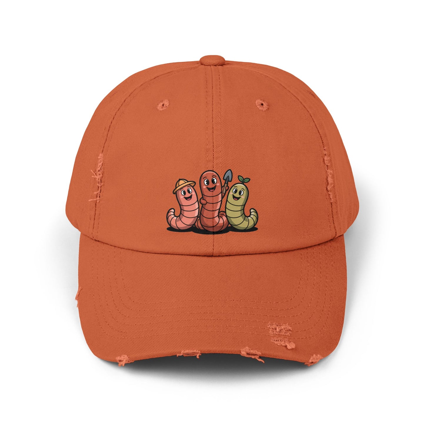 Whimsical Distressed Cap Featuring Cute Worms, Relaxed Fit Cap for Gardeners, Casual Wear, Gift for Nature Lovers, Summer Accessory