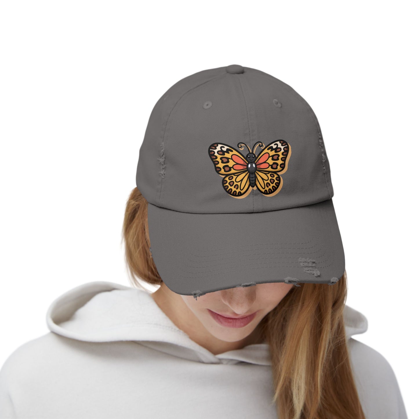 Butterfly Distressed Cap | Unisex Hats for Nature Lovers, Casual Wear, Gift for Her, Fashion Accessory, Outdoor Activities