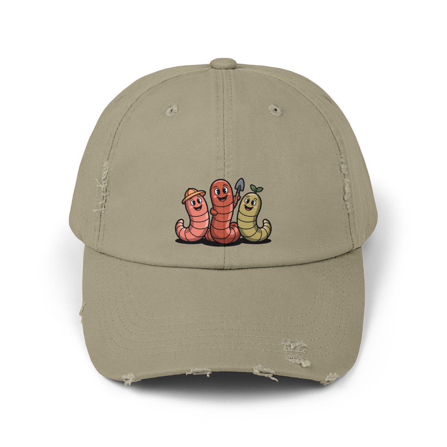 Whimsical Distressed Cap Featuring Cute Worms, Relaxed Fit Cap for Gardeners, Casual Wear, Gift for Nature Lovers, Summer Accessory