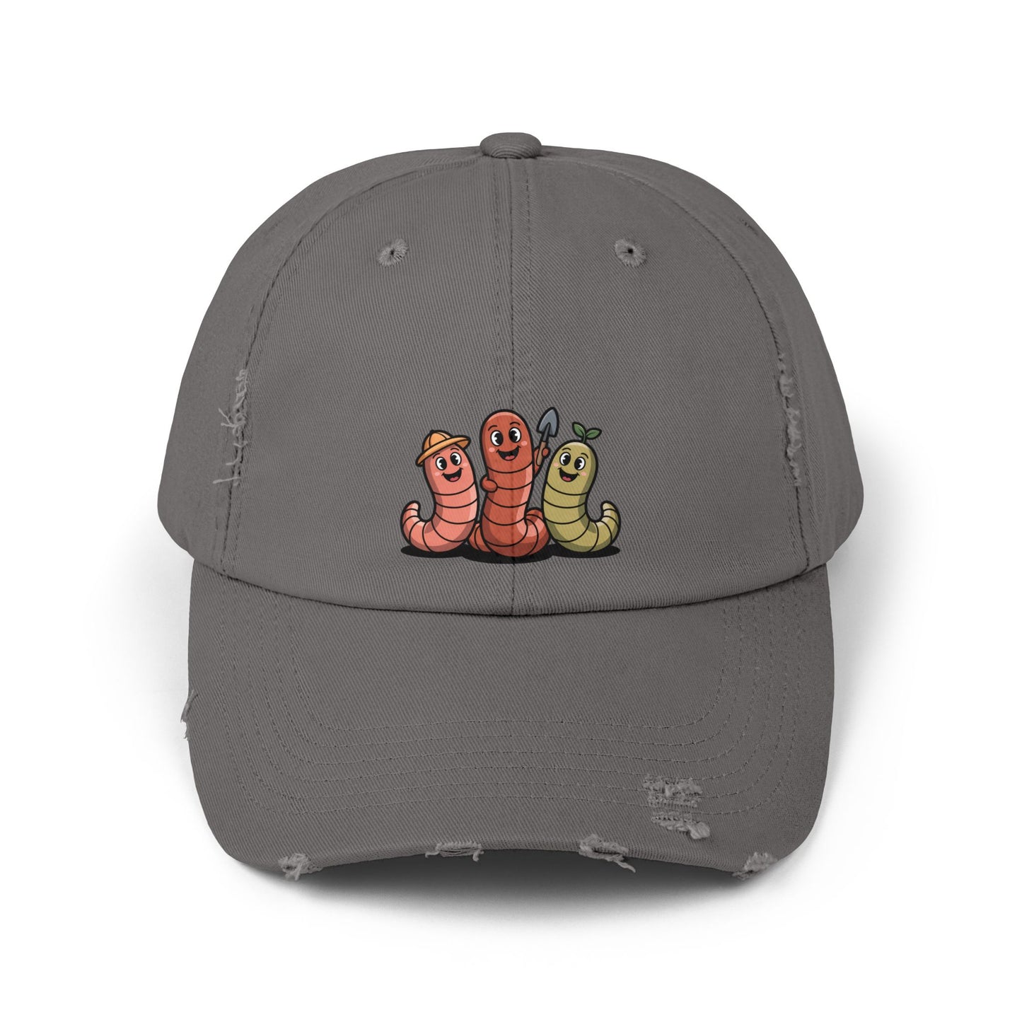 Whimsical Distressed Cap Featuring Cute Worms, Relaxed Fit Cap for Gardeners, Casual Wear, Gift for Nature Lovers, Summer Accessory