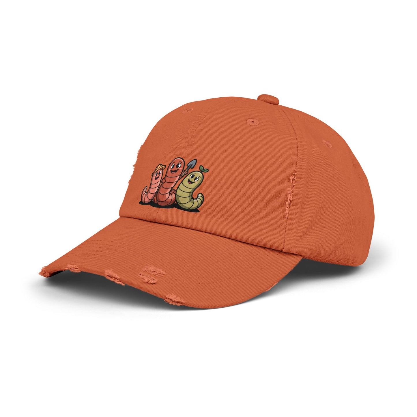 Whimsical Distressed Cap Featuring Cute Worms, Relaxed Fit Cap for Gardeners, Casual Wear, Gift for Nature Lovers, Summer Accessory