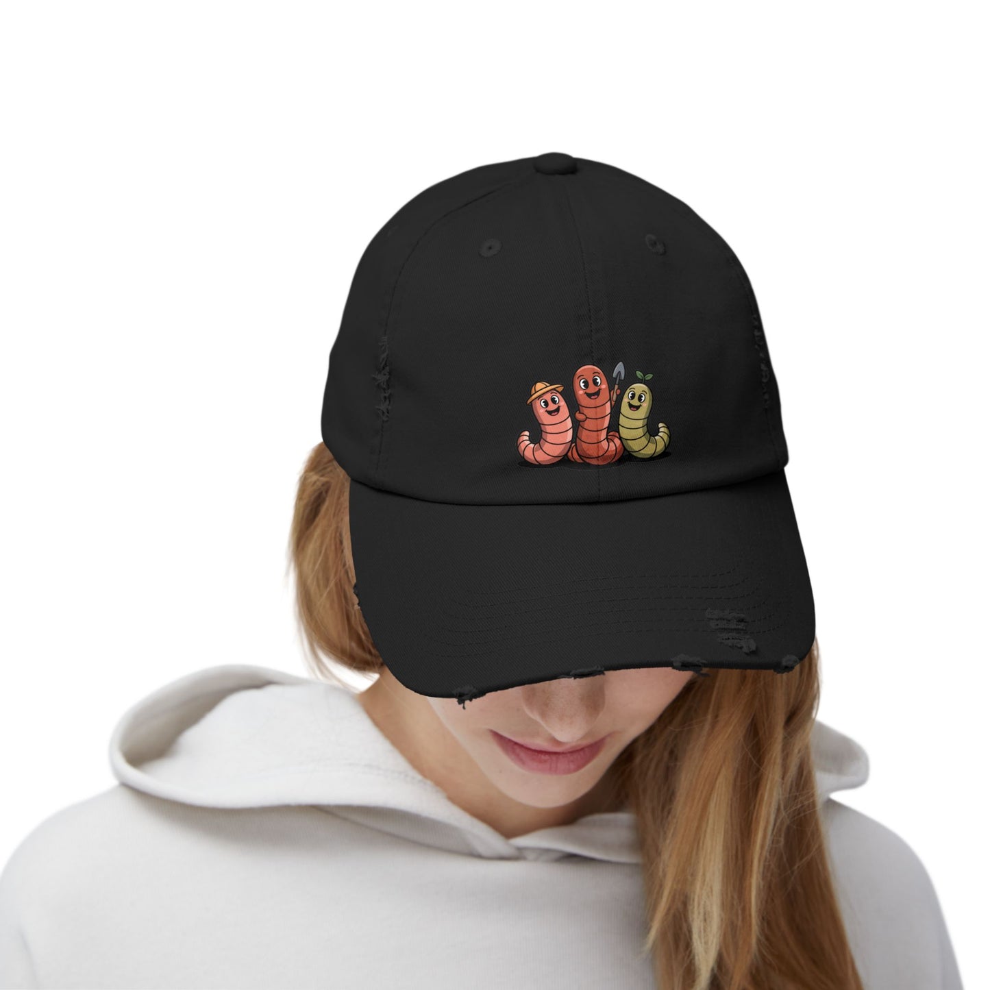 Whimsical Distressed Cap Featuring Cute Worms, Relaxed Fit Cap for Gardeners, Casual Wear, Gift for Nature Lovers, Summer Accessory