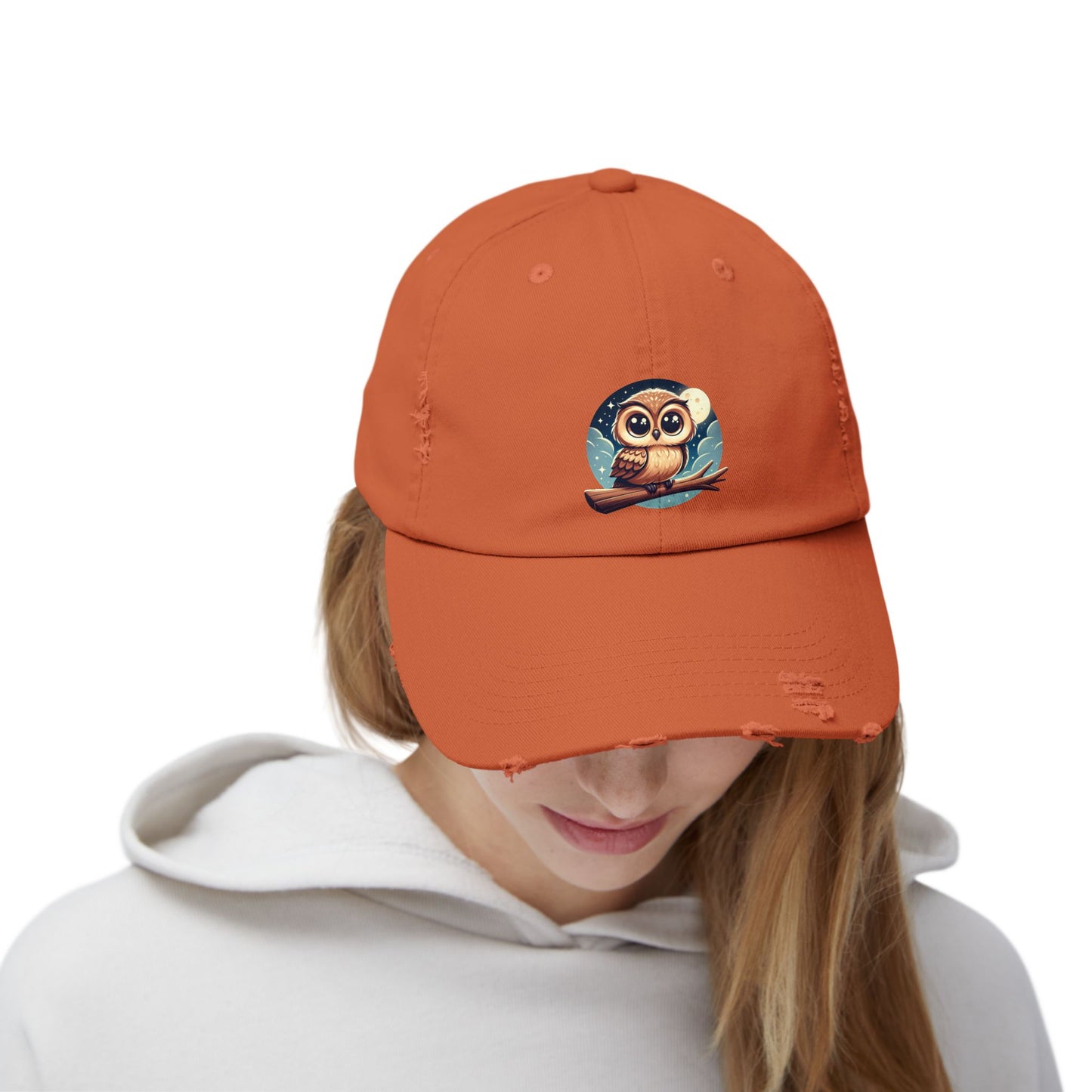 Whimsical Owl Distressed Cap, Unisex Cap, Nature Lover Gift, Cute Owl Hat, Vintage Style Cap, Outdoor Accessory