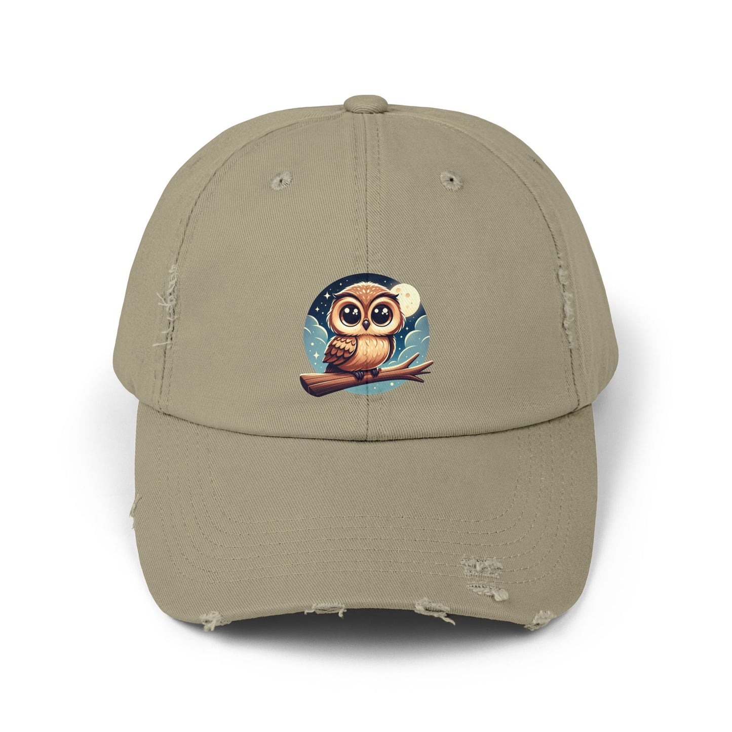 Whimsical Owl Distressed Cap, Unisex Cap, Nature Lover Gift, Cute Owl Hat, Vintage Style Cap, Outdoor Accessory