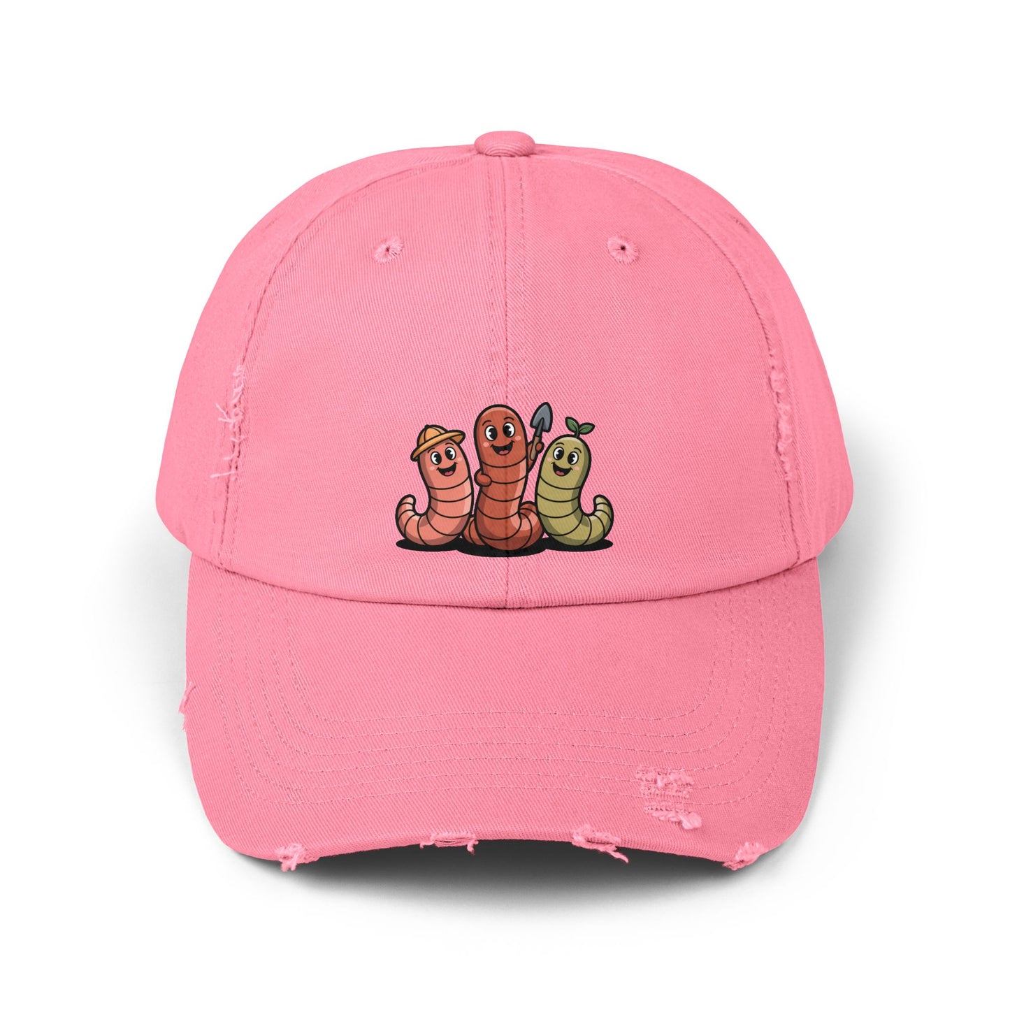 Whimsical Distressed Cap Featuring Cute Worms, Relaxed Fit Cap for Gardeners, Casual Wear, Gift for Nature Lovers, Summer Accessory