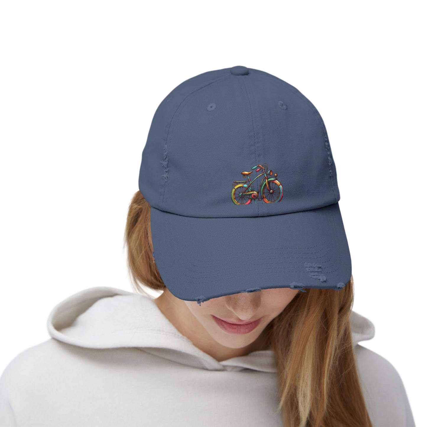 Vibrant Bicycle Distressed Cap, Unisex Hat for Outdoor Adventures, Casual Wear, Unique Gifting, Bike Lovers' Accessories