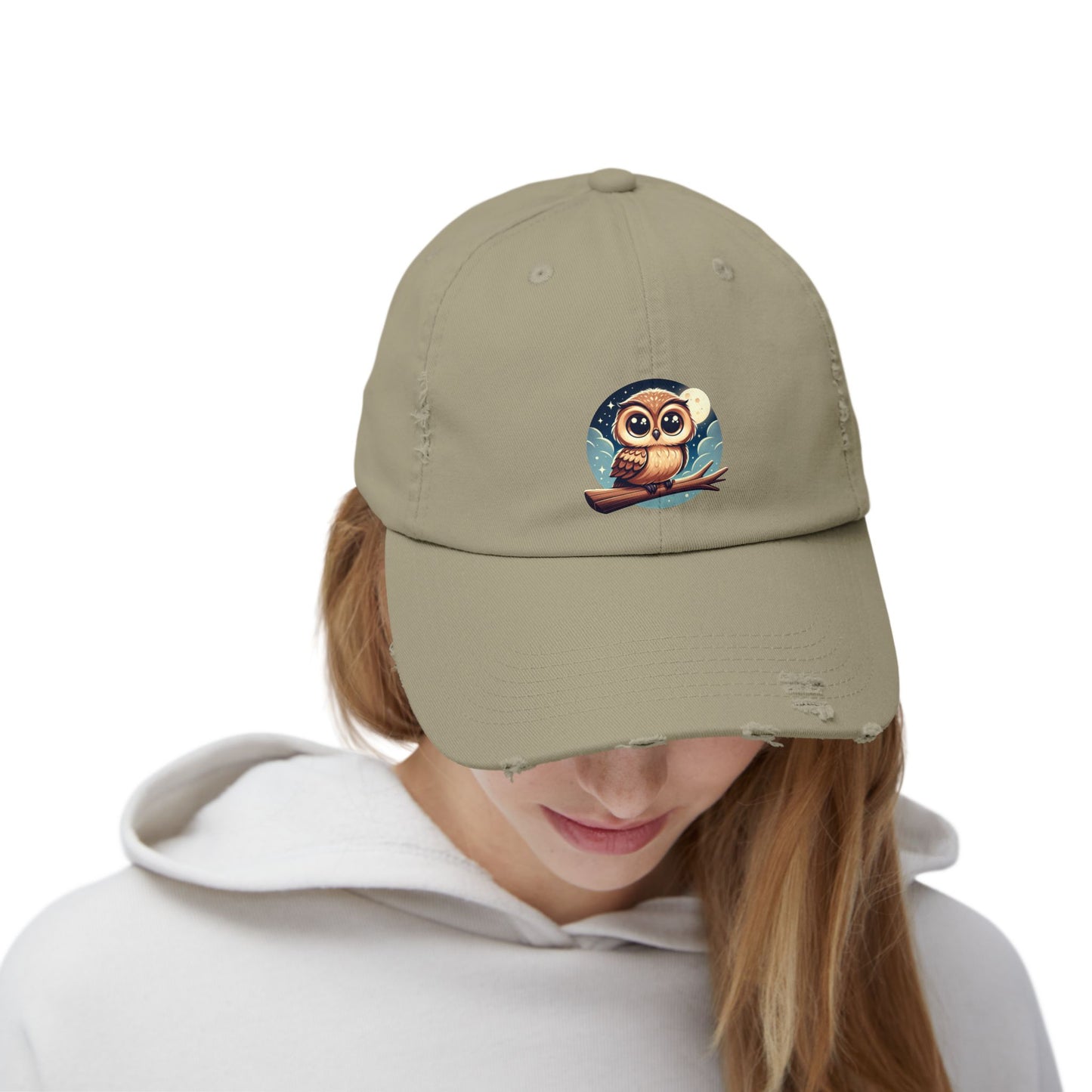 Whimsical Owl Distressed Cap, Unisex Cap, Nature Lover Gift, Cute Owl Hat, Vintage Style Cap, Outdoor Accessory