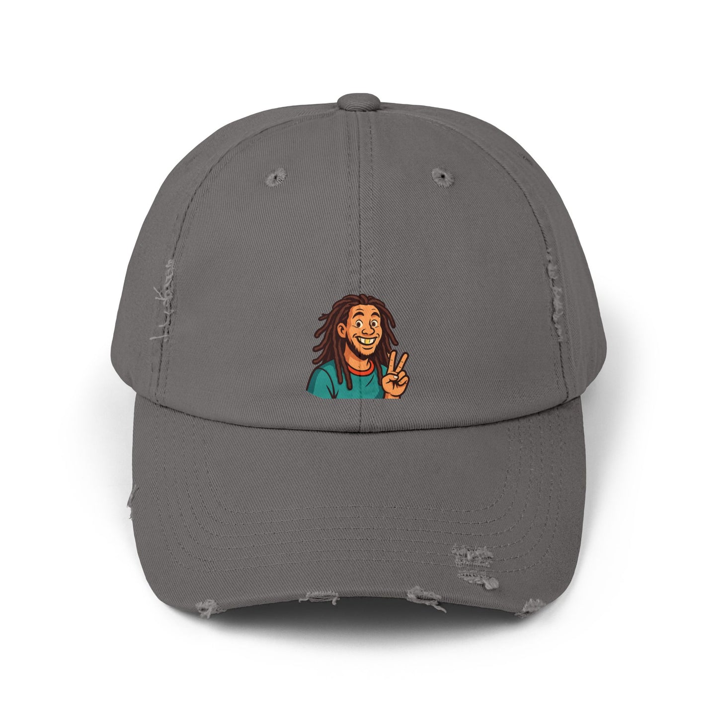 Unisex Distressed Cap with Peace Sign Design, Casual Headwear, Fun Gift for Friends, Summer Accessory, Unique Hat for Festivals