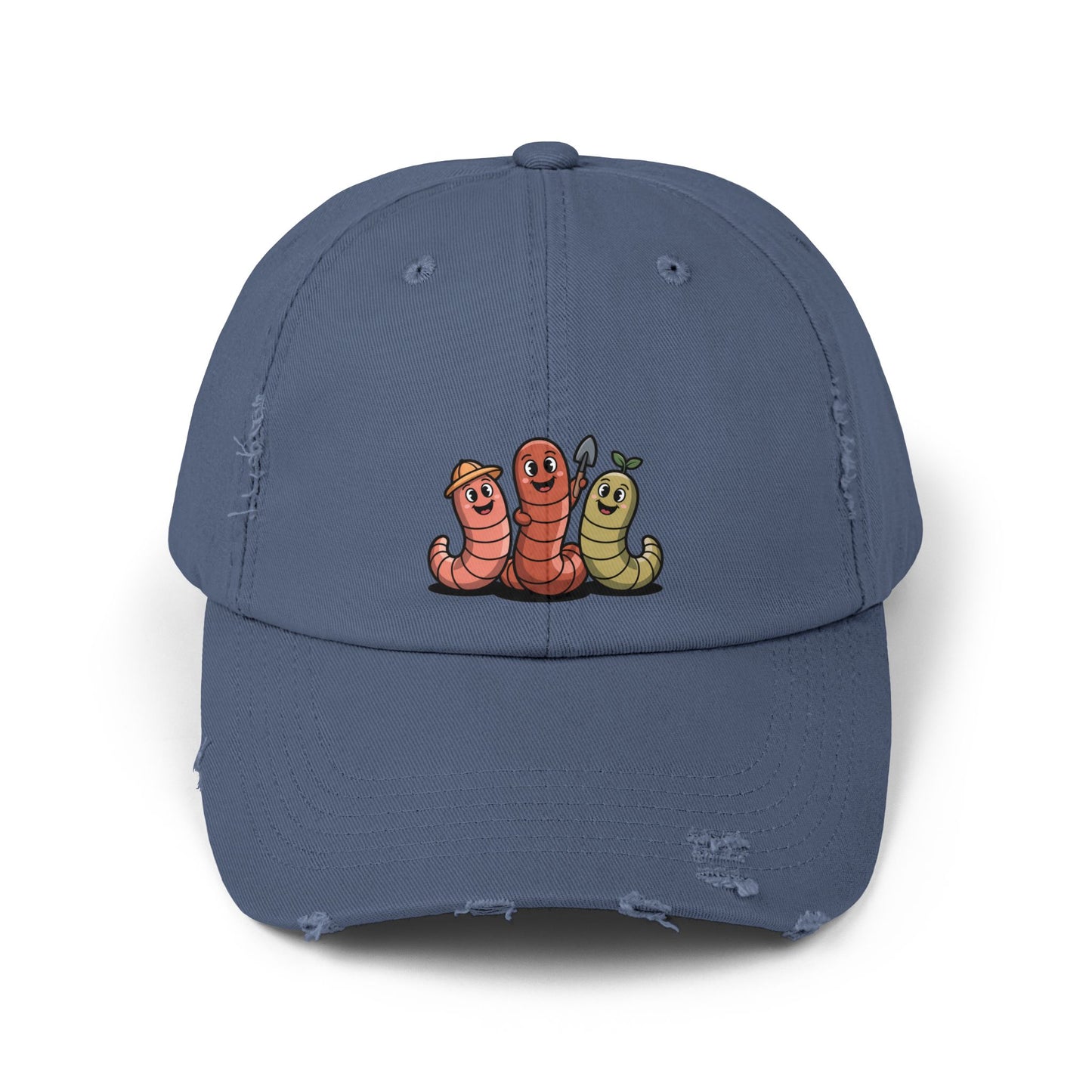 Whimsical Distressed Cap Featuring Cute Worms, Relaxed Fit Cap for Gardeners, Casual Wear, Gift for Nature Lovers, Summer Accessory