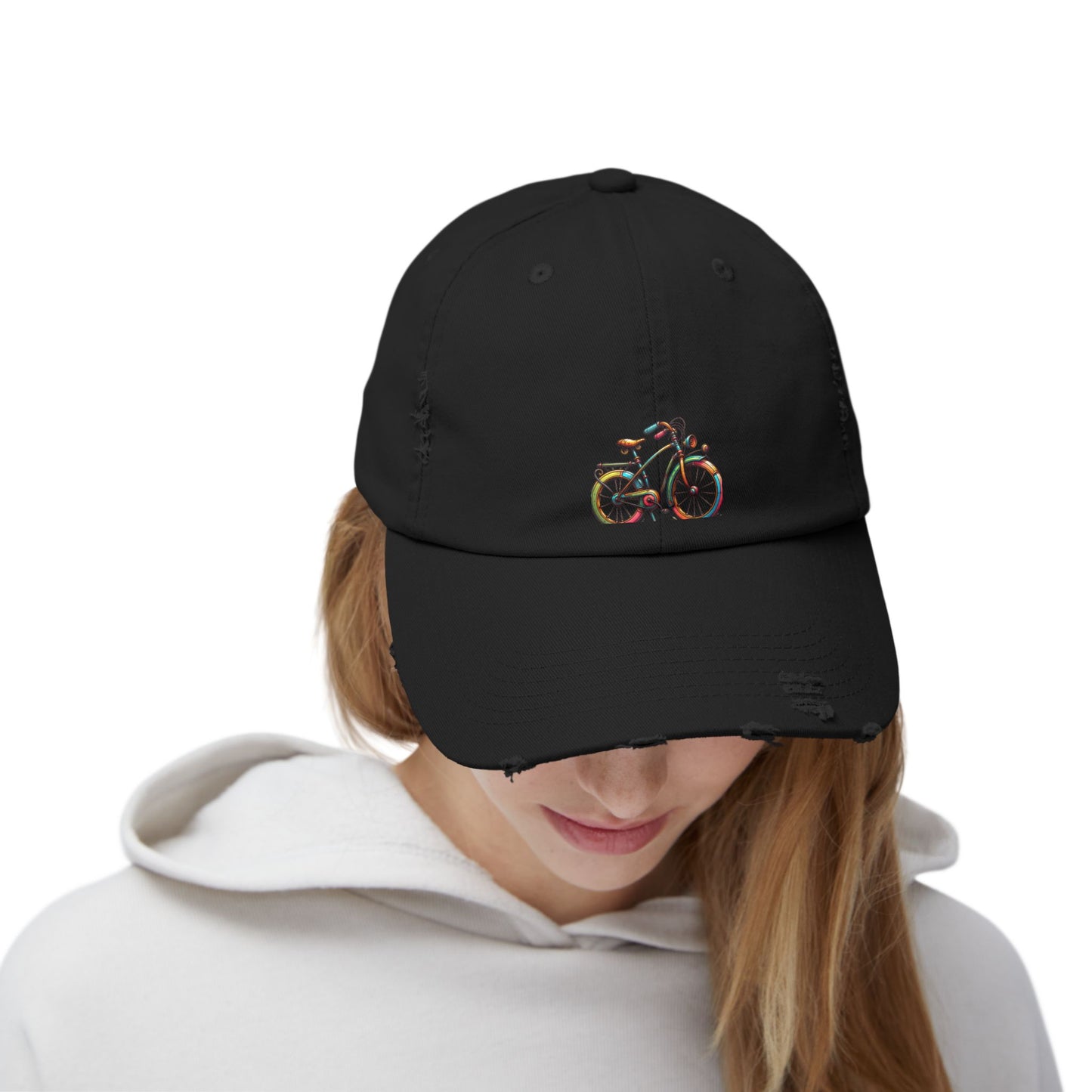 Vibrant Bicycle Distressed Cap, Unisex Hat for Outdoor Adventures, Casual Wear, Unique Gifting, Bike Lovers' Accessories