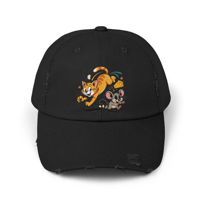 Playful Animal Cap - Cute Cat and Mouse, Unisex Distressed Cap, Funny Gift for Cat Lovers, Animal Lovers, Casual Wear, Birthday Gift