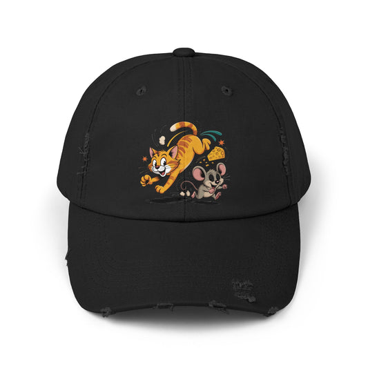Playful Animal Cap - Cute Cat and Mouse, Unisex Distressed Cap, Funny Gift for Cat Lovers, Animal Lovers, Casual Wear, Birthday Gift