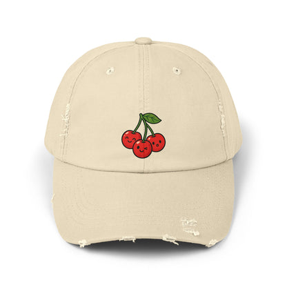 Cherry Embroidered Unisex Distressed Cap, Vintage Baseball Hat, Cute Cherry Hat, Casual Summer Accessory, Gift for Friends