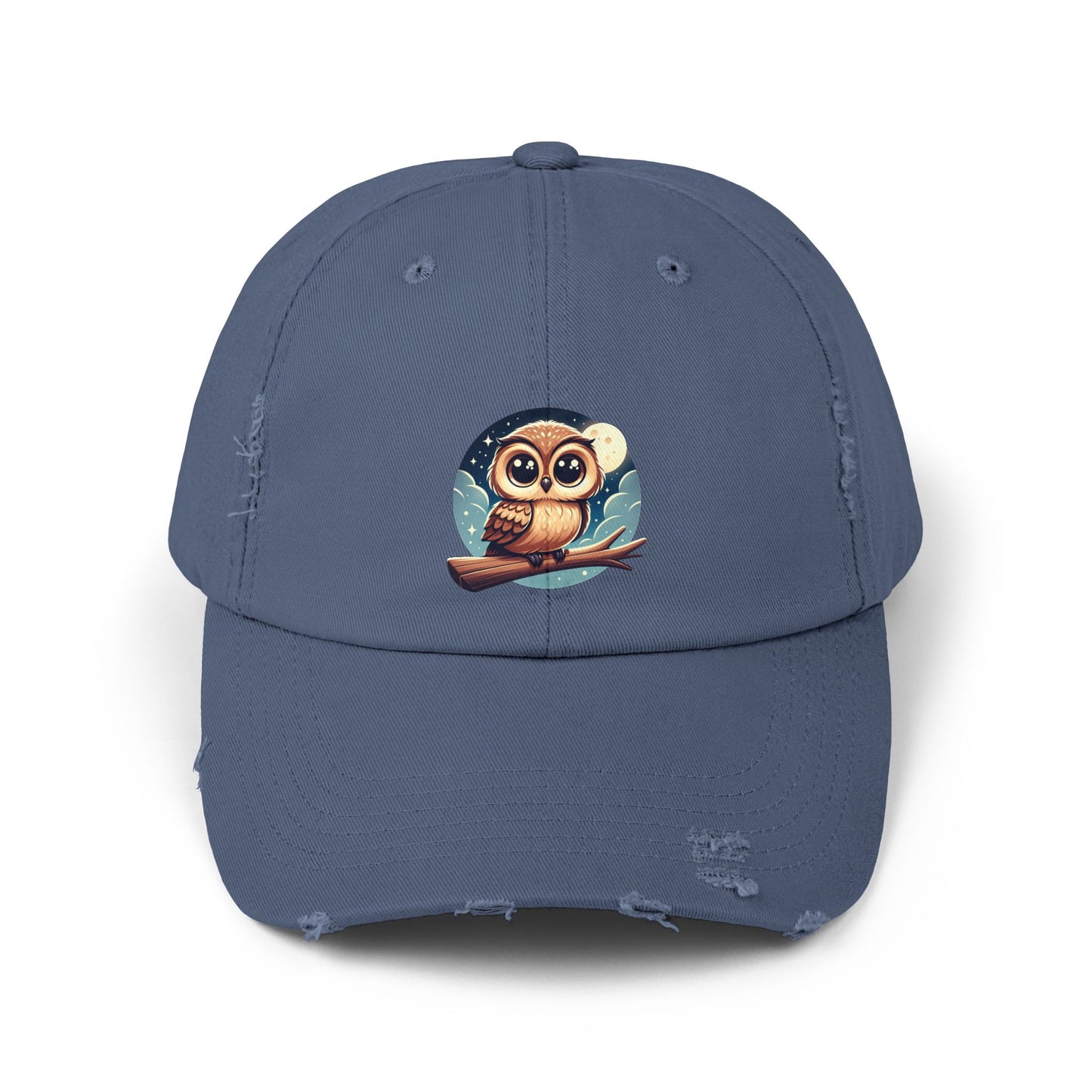 Whimsical Owl Distressed Cap, Unisex Cap, Nature Lover Gift, Cute Owl Hat, Vintage Style Cap, Outdoor Accessory
