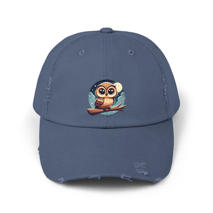 Whimsical Owl Distressed Cap, Unisex Cap, Nature Lover Gift, Cute Owl Hat, Vintage Style Cap, Outdoor Accessory