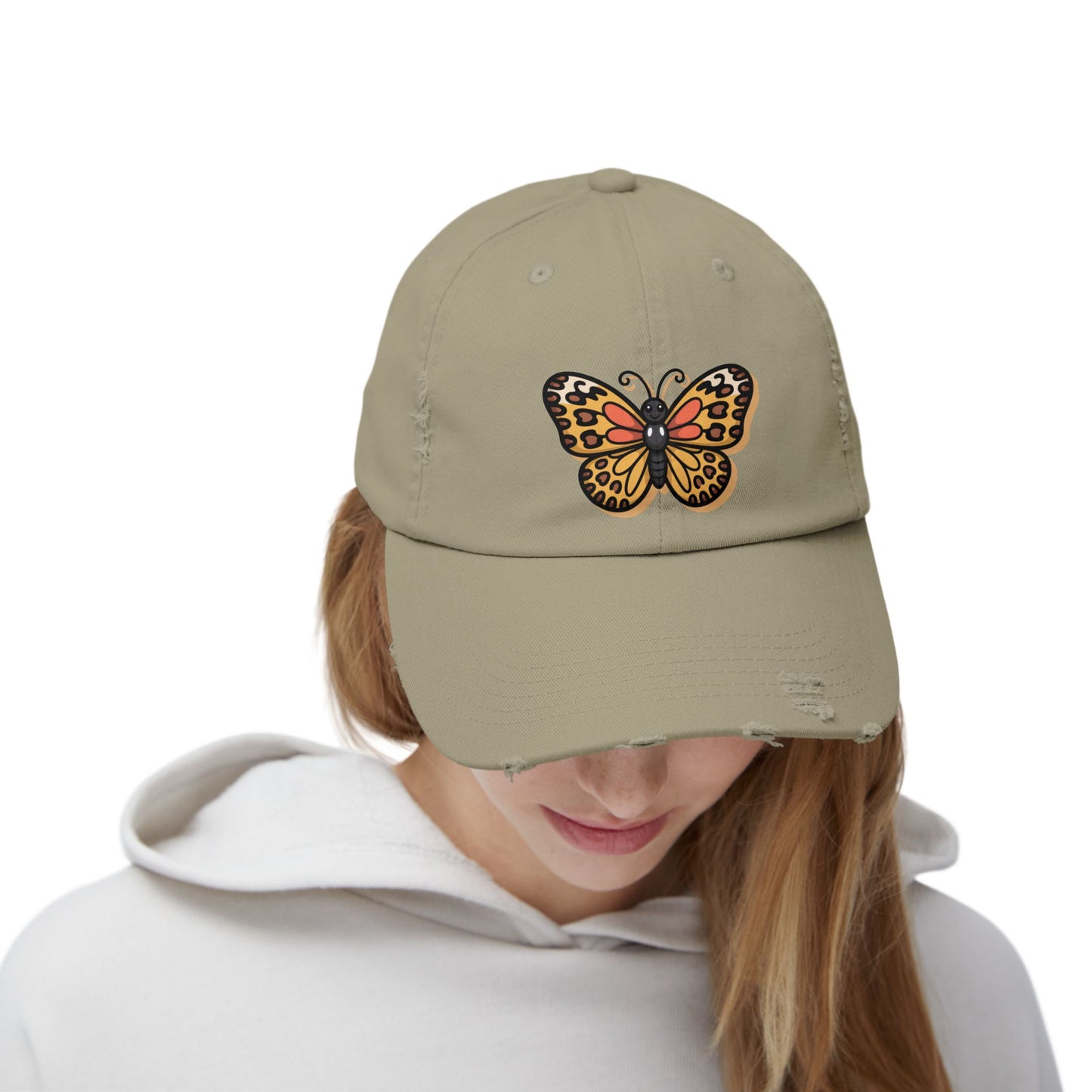 Butterfly Distressed Cap | Unisex Hats for Nature Lovers, Casual Wear, Gift for Her, Fashion Accessory, Outdoor Activities