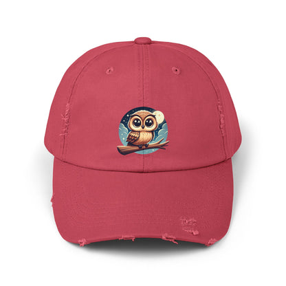 Whimsical Owl Distressed Cap, Unisex Cap, Nature Lover Gift, Cute Owl Hat, Vintage Style Cap, Outdoor Accessory