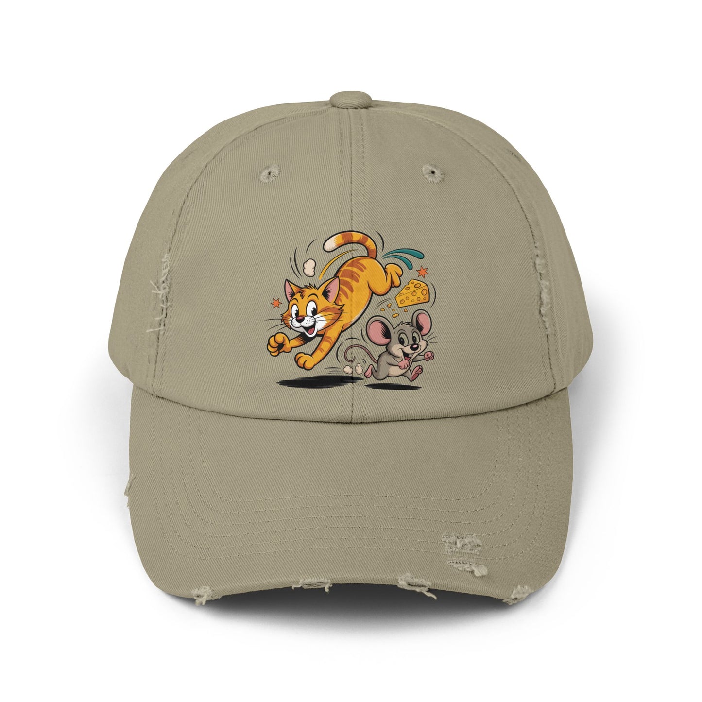 Playful Animal Cap - Cute Cat and Mouse, Unisex Distressed Cap, Funny Gift for Cat Lovers, Animal Lovers, Casual Wear, Birthday Gift