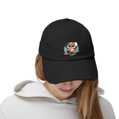 Whimsical Owl Distressed Cap, Unisex Cap, Nature Lover Gift, Cute Owl Hat, Vintage Style Cap, Outdoor Accessory