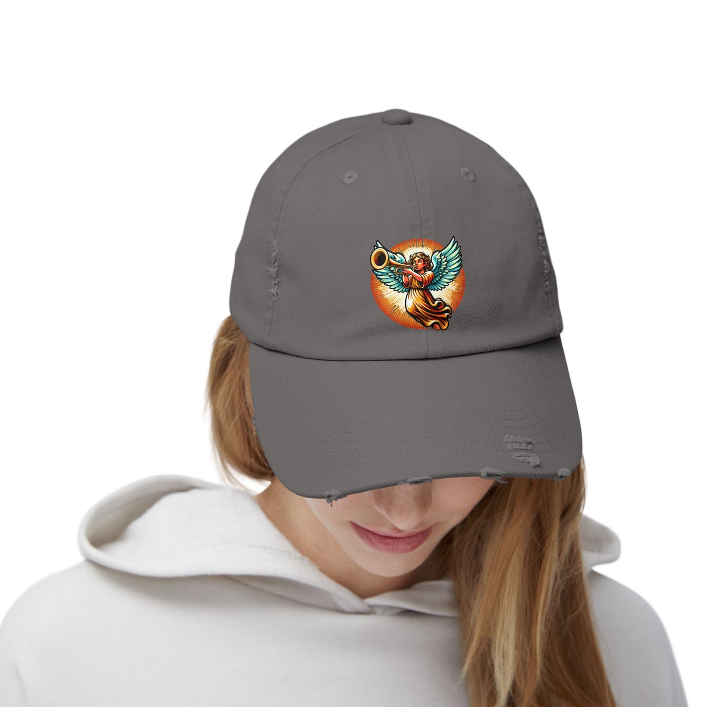 Angel Trumpet Distressed Cap, Unisex Vintage Hat, Casual Fashion Accessory, Gift for Music Lovers, Festival Headwear, Everyday Style