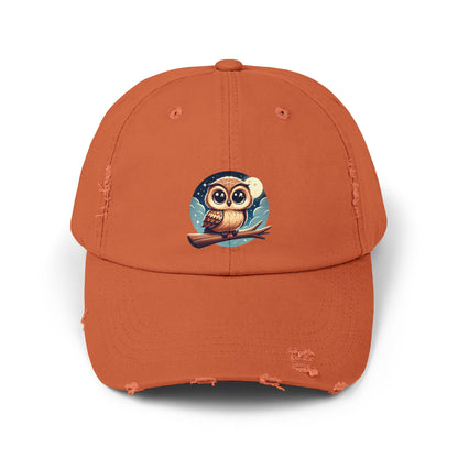 Whimsical Owl Distressed Cap, Unisex Cap, Nature Lover Gift, Cute Owl Hat, Vintage Style Cap, Outdoor Accessory