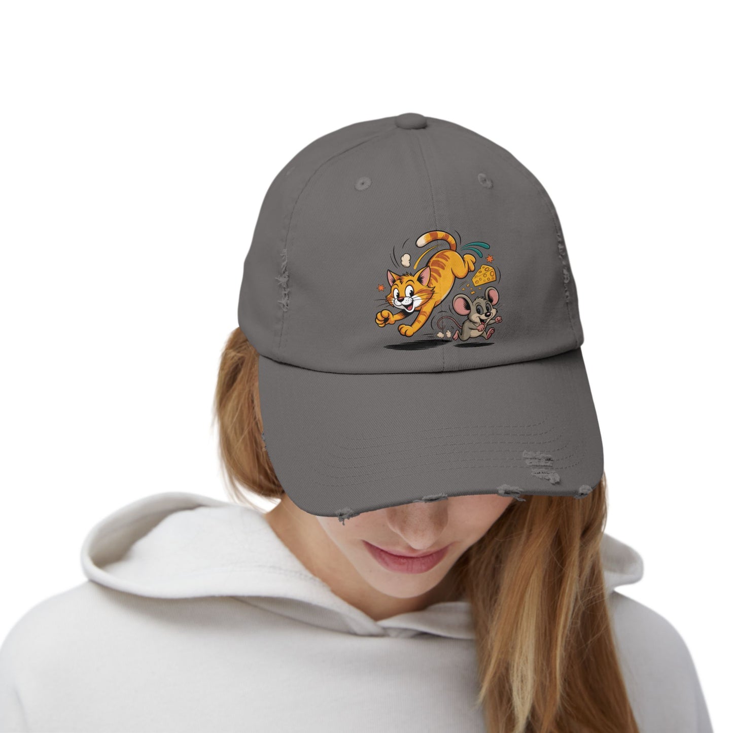 Playful Animal Cap - Cute Cat and Mouse, Unisex Distressed Cap, Funny Gift for Cat Lovers, Animal Lovers, Casual Wear, Birthday Gift