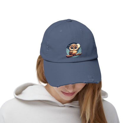 Whimsical Owl Distressed Cap, Unisex Cap, Nature Lover Gift, Cute Owl Hat, Vintage Style Cap, Outdoor Accessory