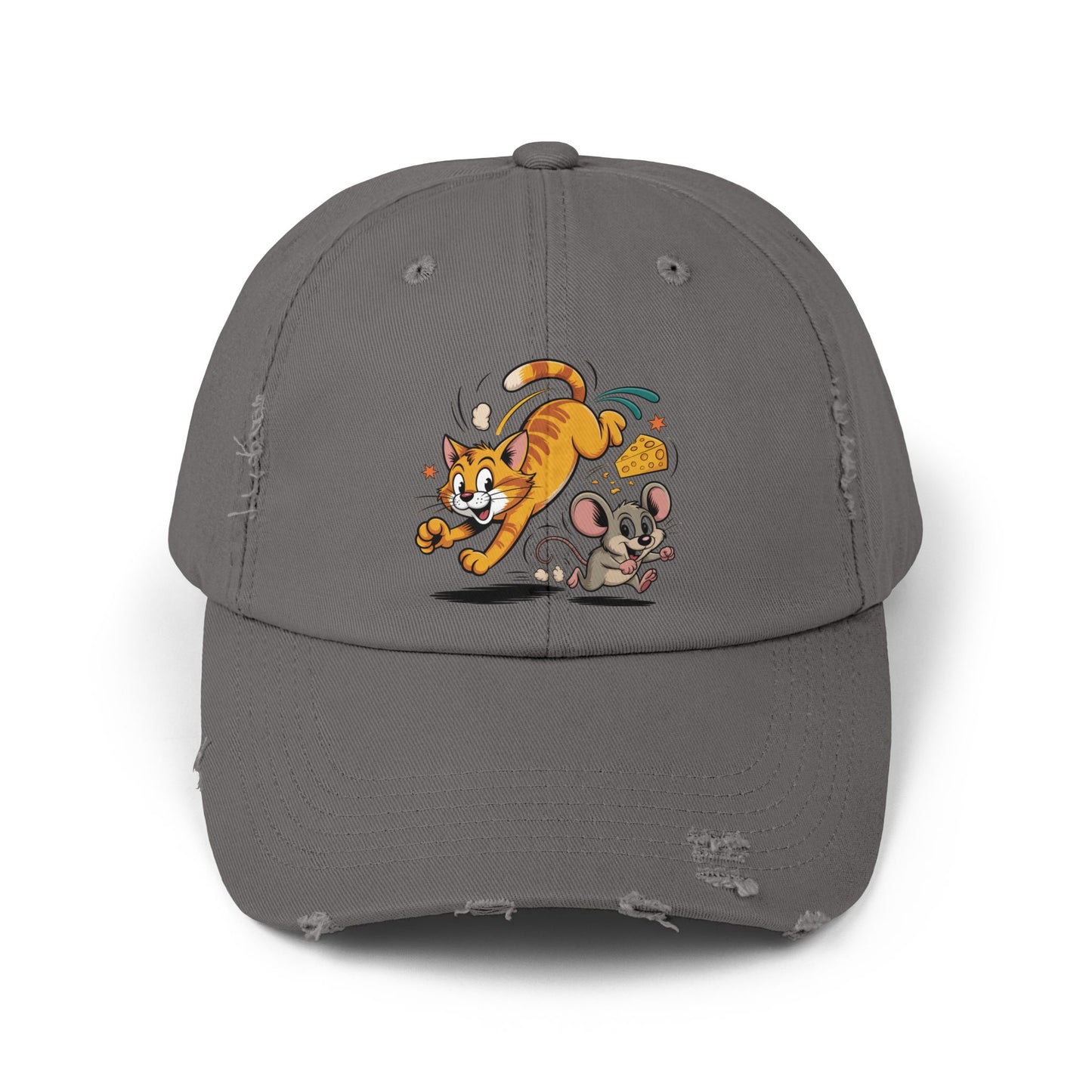 Playful Animal Cap - Cute Cat and Mouse, Unisex Distressed Cap, Funny Gift for Cat Lovers, Animal Lovers, Casual Wear, Birthday Gift