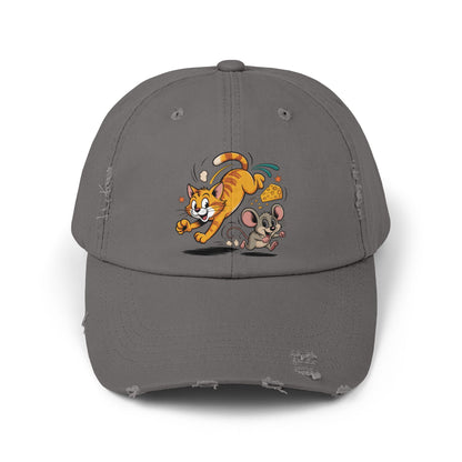 Playful Animal Cap - Cute Cat and Mouse, Unisex Distressed Cap, Funny Gift for Cat Lovers, Animal Lovers, Casual Wear, Birthday Gift