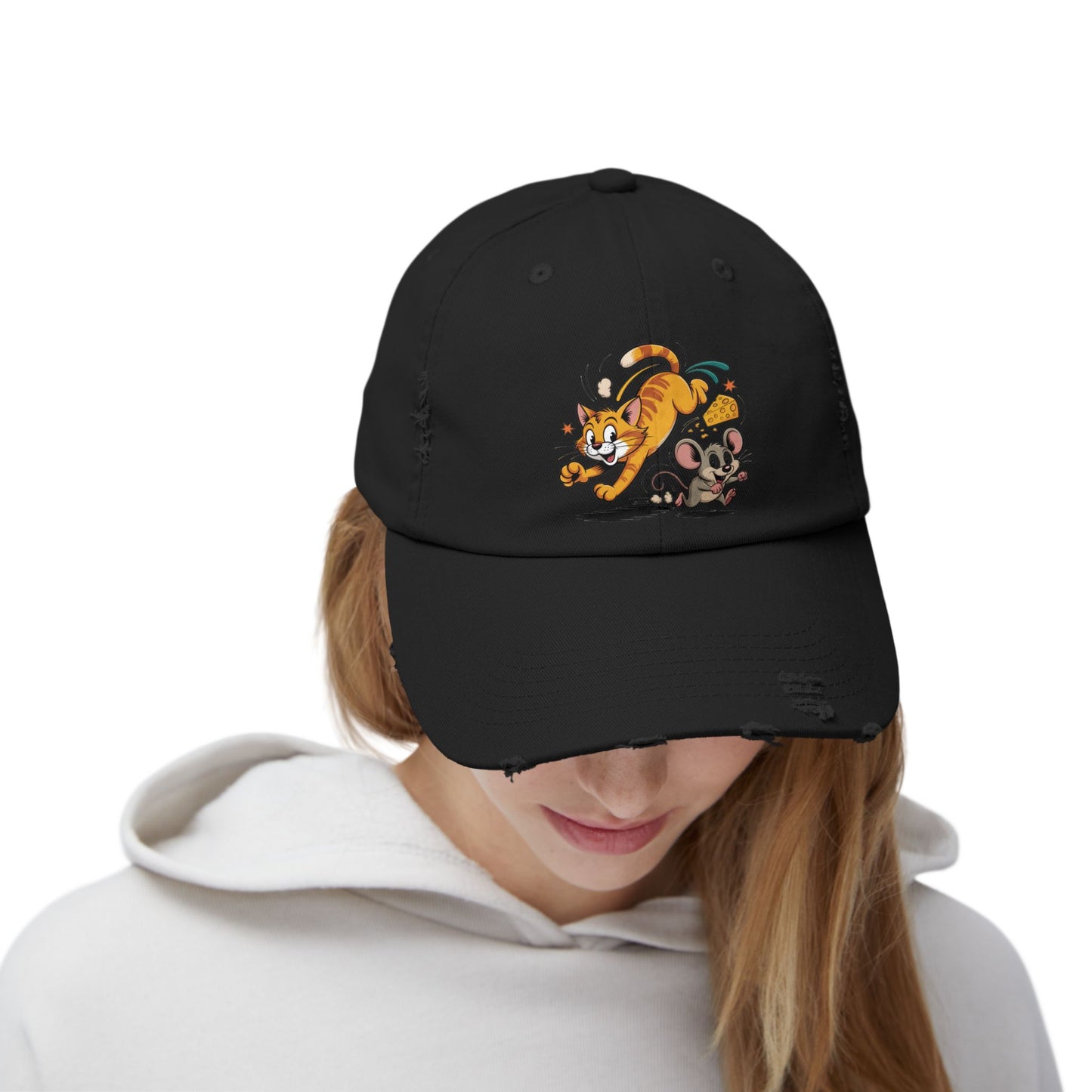 Playful Animal Cap - Cute Cat and Mouse, Unisex Distressed Cap, Funny Gift for Cat Lovers, Animal Lovers, Casual Wear, Birthday Gift