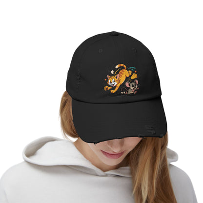 Playful Animal Cap - Cute Cat and Mouse, Unisex Distressed Cap, Funny Gift for Cat Lovers, Animal Lovers, Casual Wear, Birthday Gift