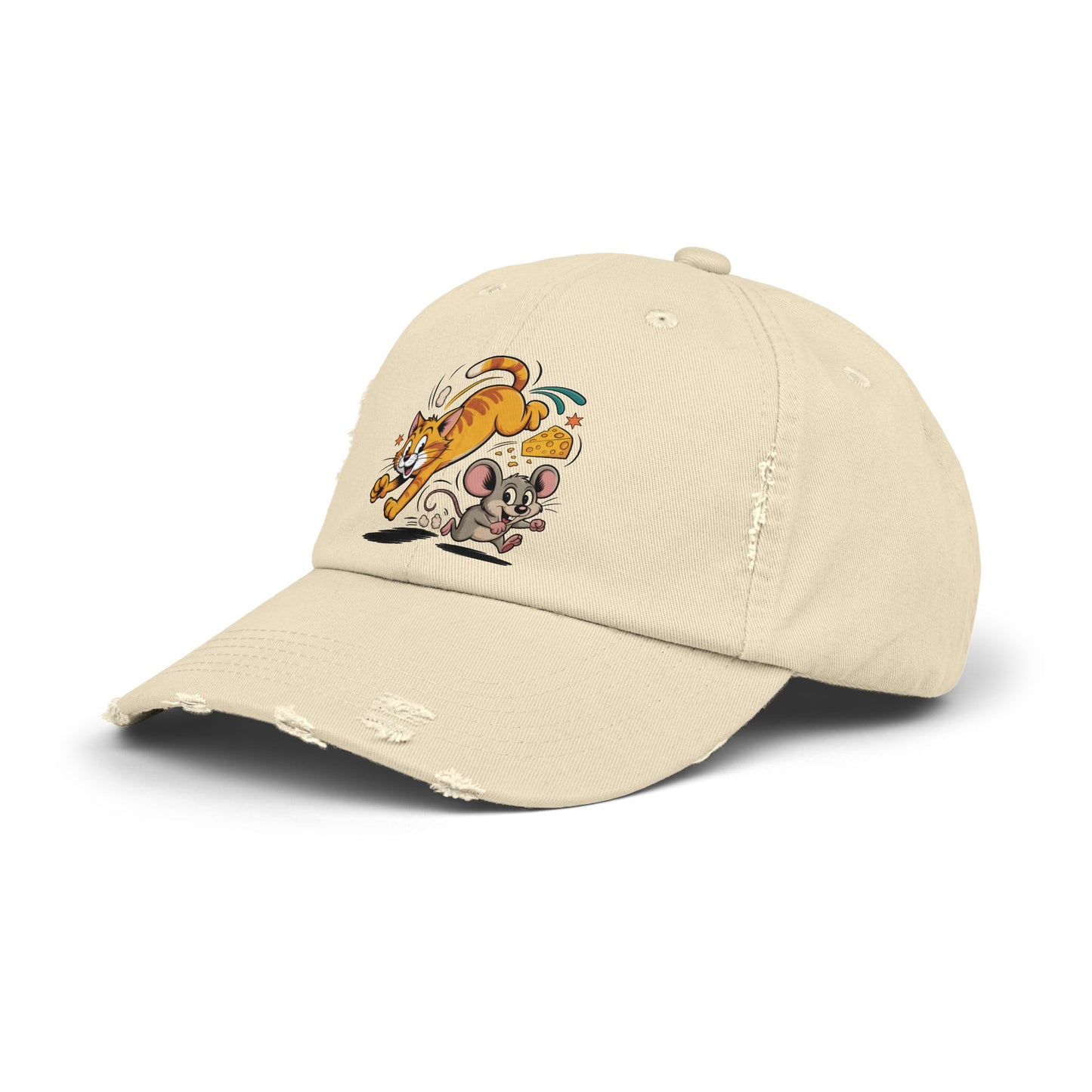 Playful Animal Cap - Cute Cat and Mouse, Unisex Distressed Cap, Funny Gift for Cat Lovers, Animal Lovers, Casual Wear, Birthday Gift