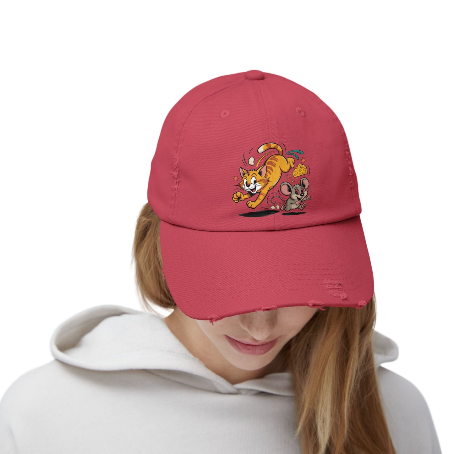 Playful Animal Cap - Cute Cat and Mouse, Unisex Distressed Cap, Funny Gift for Cat Lovers, Animal Lovers, Casual Wear, Birthday Gift