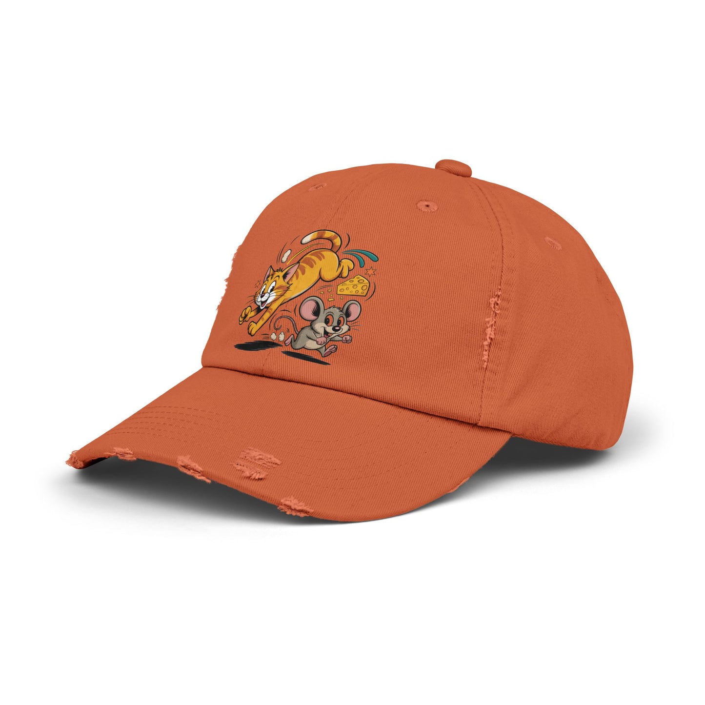 Playful Animal Cap - Cute Cat and Mouse, Unisex Distressed Cap, Funny Gift for Cat Lovers, Animal Lovers, Casual Wear, Birthday Gift