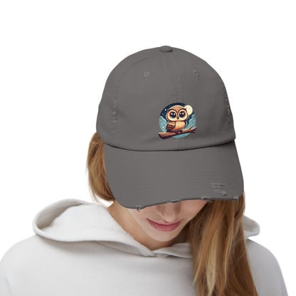 Whimsical Owl Distressed Cap, Unisex Cap, Nature Lover Gift, Cute Owl Hat, Vintage Style Cap, Outdoor Accessory