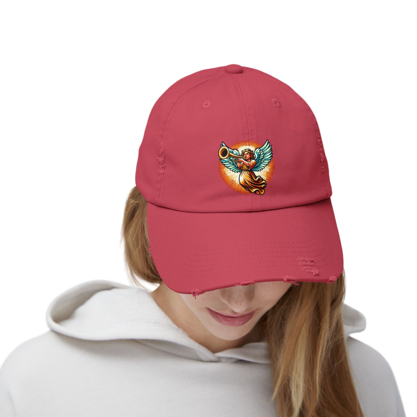 Angel Trumpet Distressed Cap, Unisex Vintage Hat, Casual Fashion Accessory, Gift for Music Lovers, Festival Headwear, Everyday Style