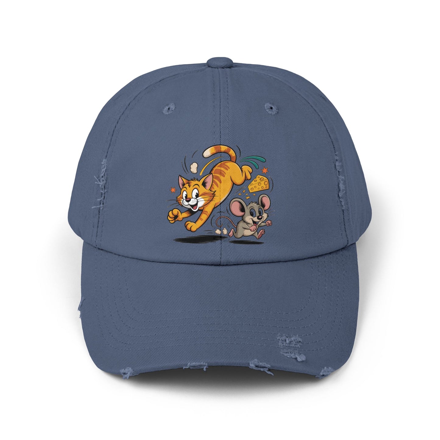 Playful Animal Cap - Cute Cat and Mouse, Unisex Distressed Cap, Funny Gift for Cat Lovers, Animal Lovers, Casual Wear, Birthday Gift