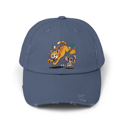Playful Animal Cap - Cute Cat and Mouse, Unisex Distressed Cap, Funny Gift for Cat Lovers, Animal Lovers, Casual Wear, Birthday Gift