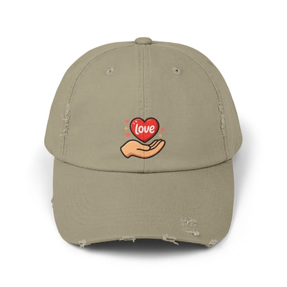 Love Hand Distressed Cap, Unisex Cap, Casual Hats, Gift for Him/Her, Trendy Accessories, Love Themed Fashion