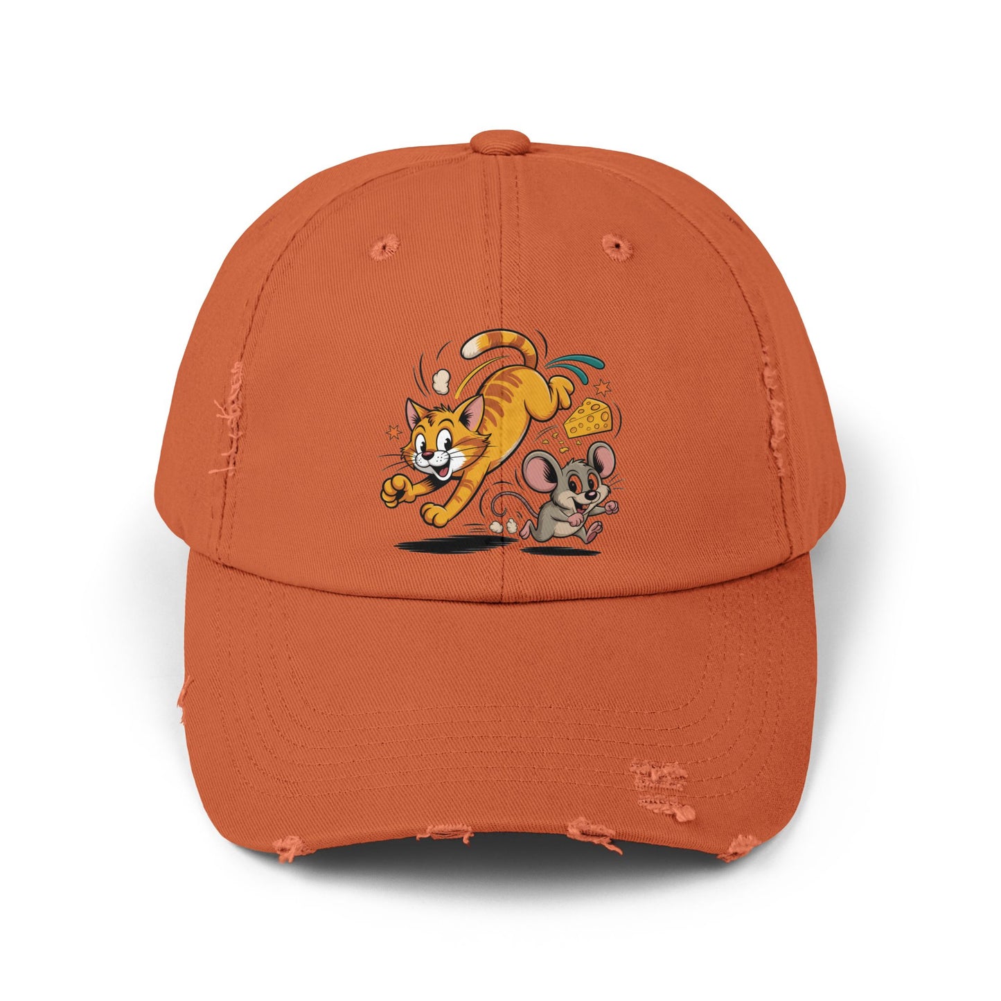 Playful Animal Cap - Cute Cat and Mouse, Unisex Distressed Cap, Funny Gift for Cat Lovers, Animal Lovers, Casual Wear, Birthday Gift
