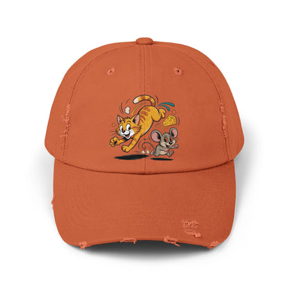 Playful Animal Cap - Cute Cat and Mouse, Unisex Distressed Cap, Funny Gift for Cat Lovers, Animal Lovers, Casual Wear, Birthday Gift