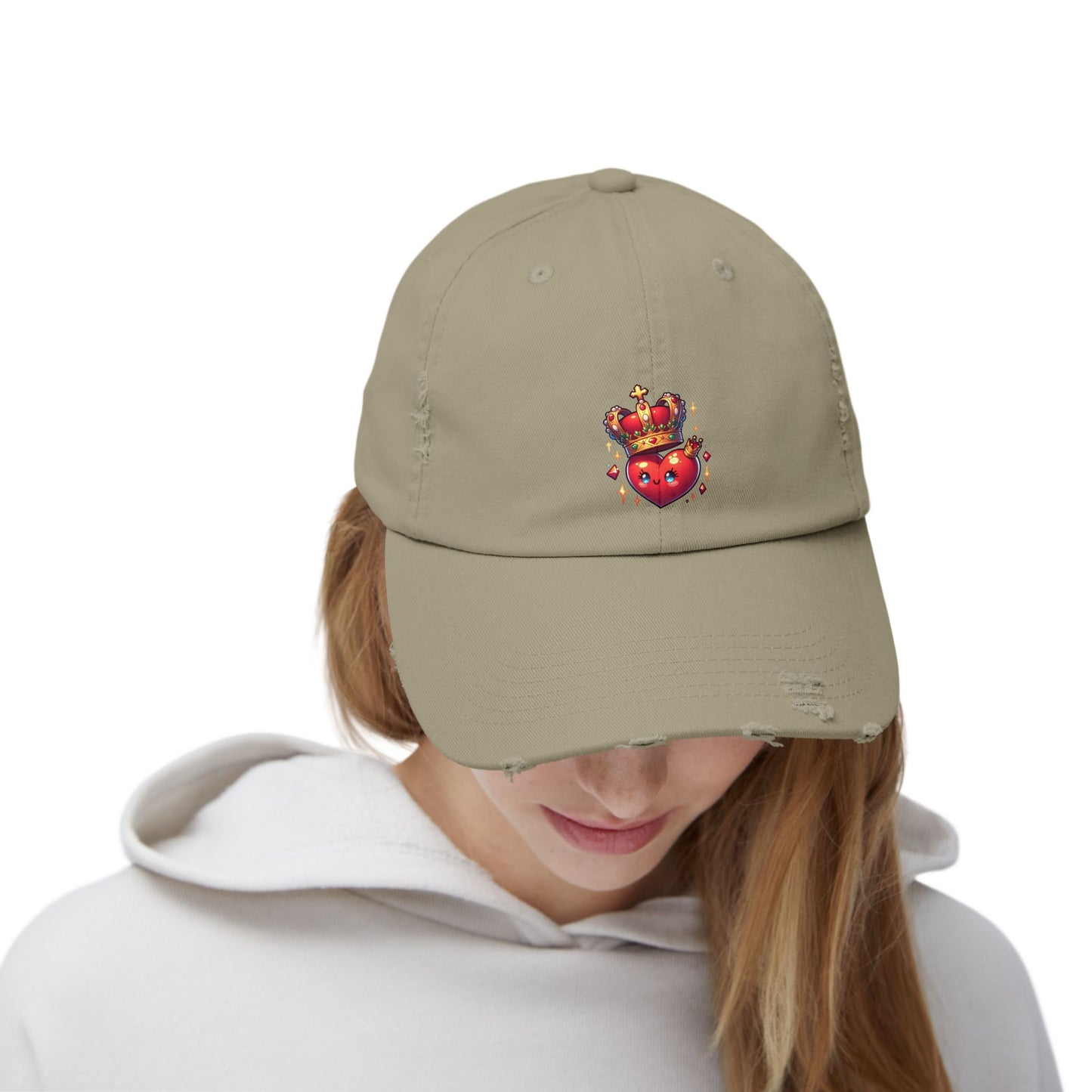 Crowned Heart Distressed Cap - Trendy Unisex Hat, Casual Stylish Accessory for Everyday Wear, Ideal Gift for Birthdays, Festivals, and More