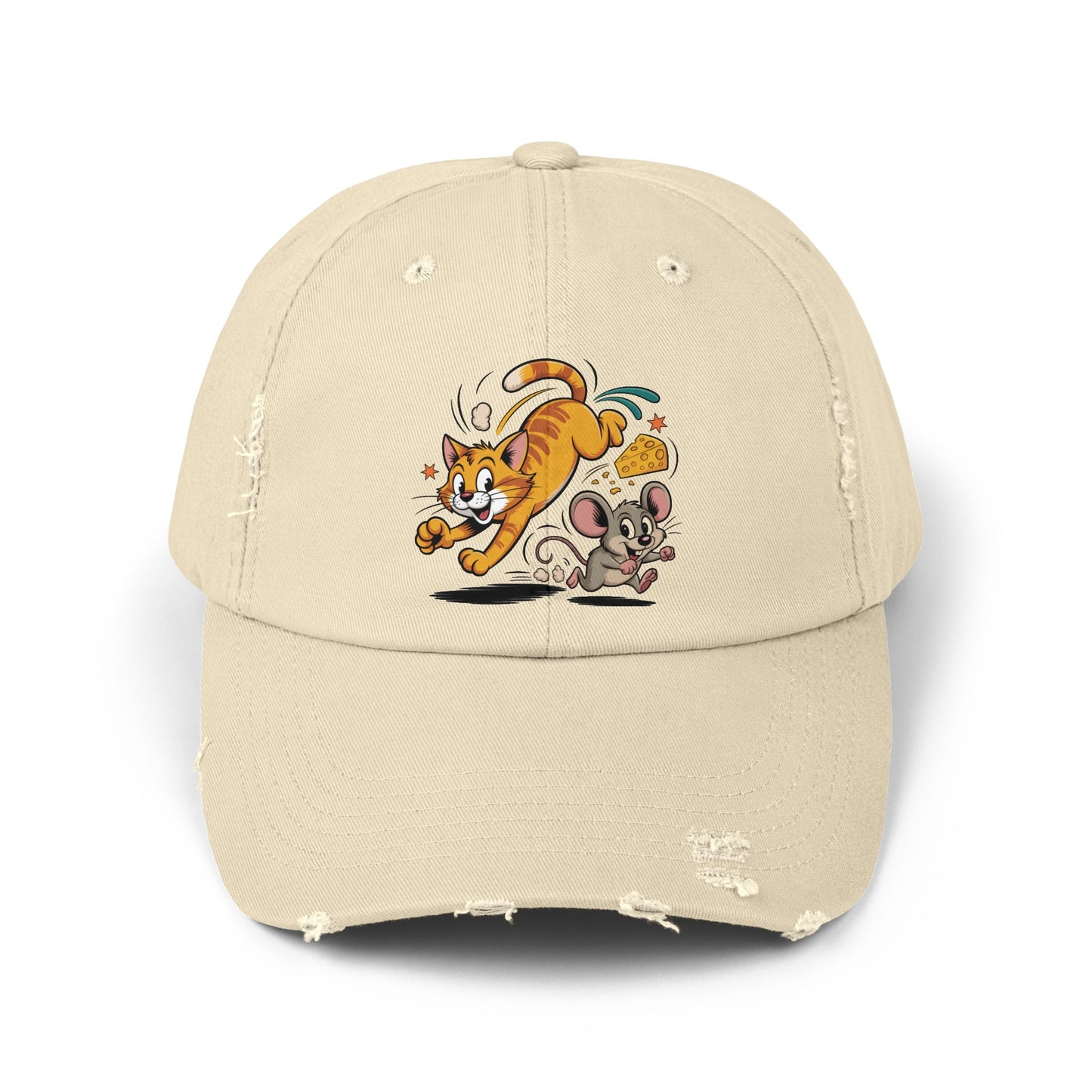 Playful Animal Cap - Cute Cat and Mouse, Unisex Distressed Cap, Funny Gift for Cat Lovers, Animal Lovers, Casual Wear, Birthday Gift
