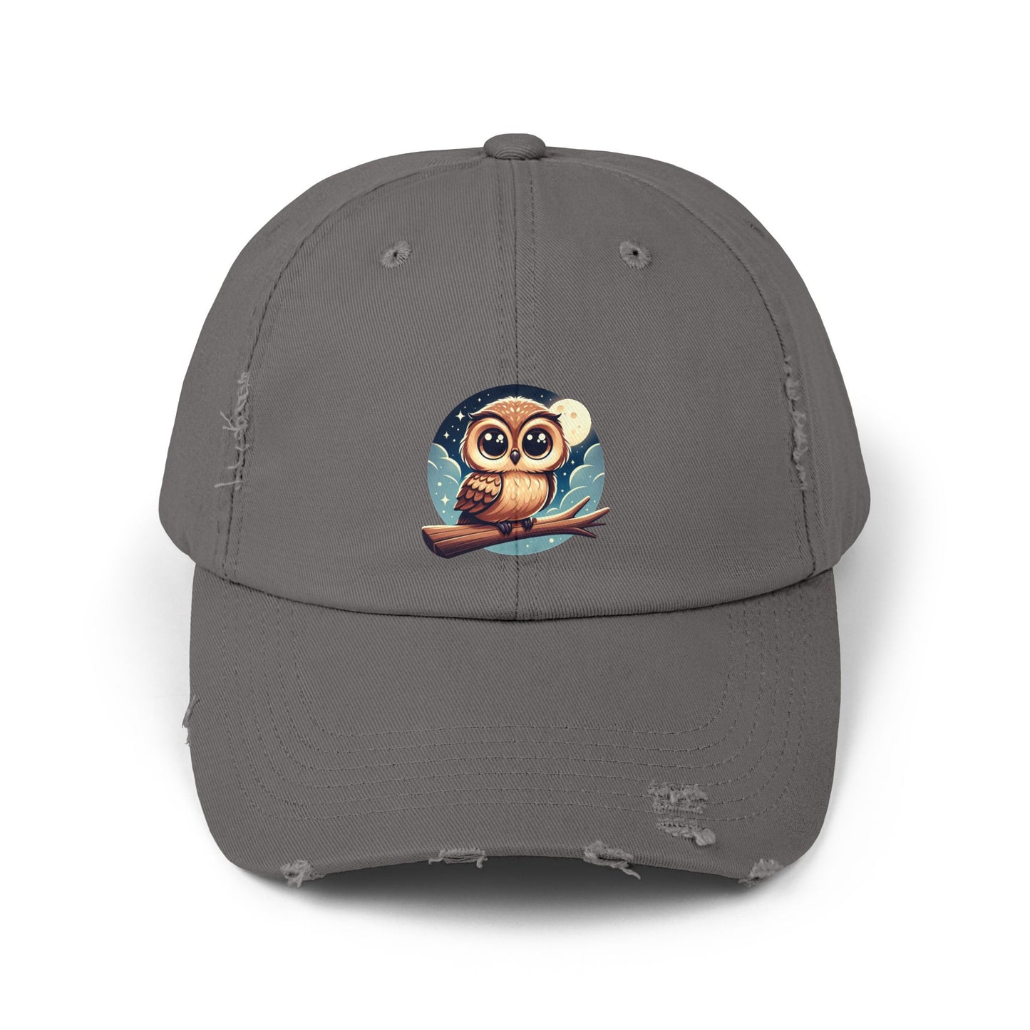 Whimsical Owl Distressed Cap, Unisex Cap, Nature Lover Gift, Cute Owl Hat, Vintage Style Cap, Outdoor Accessory