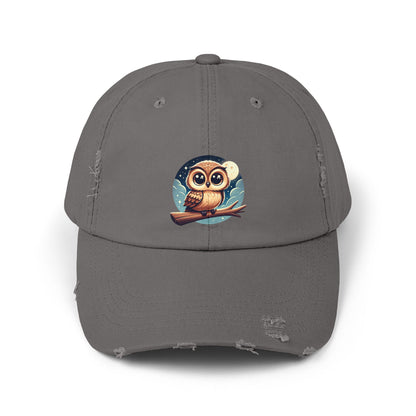 Whimsical Owl Distressed Cap, Unisex Cap, Nature Lover Gift, Cute Owl Hat, Vintage Style Cap, Outdoor Accessory