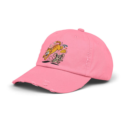 Playful Animal Cap - Cute Cat and Mouse, Unisex Distressed Cap, Funny Gift for Cat Lovers, Animal Lovers, Casual Wear, Birthday Gift