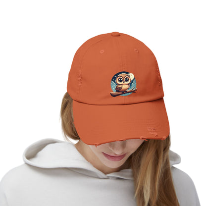 Whimsical Owl Distressed Cap, Unisex Cap, Nature Lover Gift, Cute Owl Hat, Vintage Style Cap, Outdoor Accessory